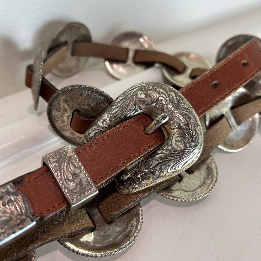 Tony Lama Concho Belt Women 36 Brown Leather Silver Engraved Western Cowgirl